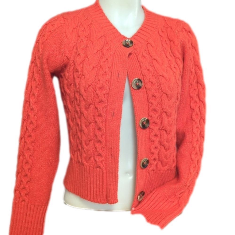 Anthropologie maeve Orange Red button front cable knit sweater cardigan XS